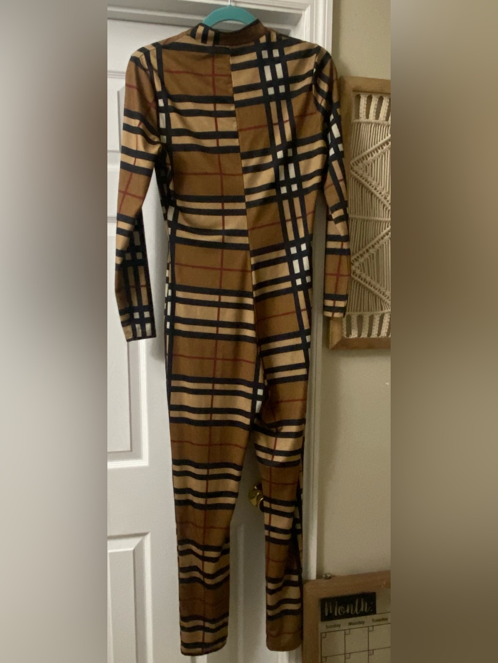 Plaid Pattern Beige Jumpsuit with Black & Brown Stripes